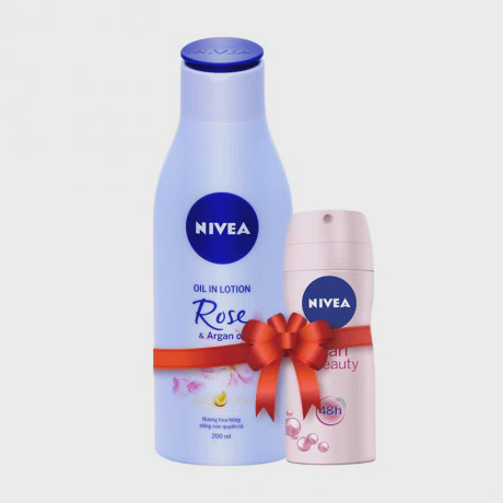Sữa dưỡng thể hương hoa hồng Nivea (200ml) + Tặng kèm xịt khử mùi ngọc trai Nivea (60ml)