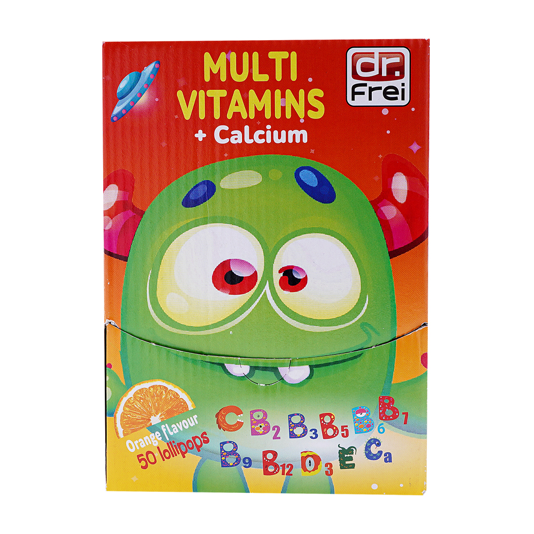 Kẹo mút vị cam bổ sung Multi Vitamins + Calcium Dr. Frei (Hộp 25 cây)